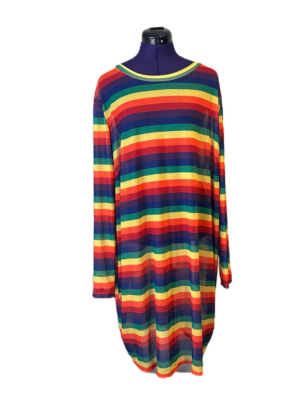 Colorful Rainbow Stripe Sheer Mesh Long Sleeve Dress